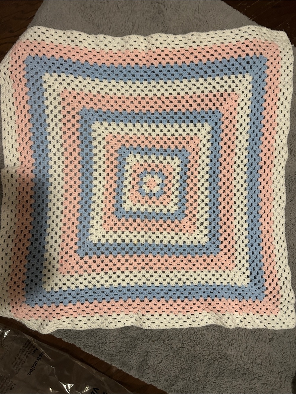 Handmade Crochet Square Baby Blanket in Pastel Pink, Blue, and Cream